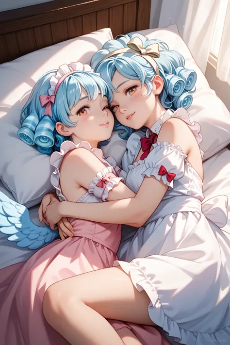  I'm lying on the bed　 hugging　2 girls　maid clothes　cute girl with no left leg