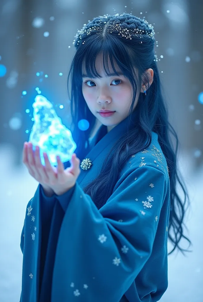  Of course ！ Her soft expression is typical 、 try to produce a scene where a young female witch dressed in blue fights using magic to make ice blocks fly。

---

High quality 、masterpiece、Japanese beautiful girl、 Slim 、 slender、 long straight hair、  blue ha...