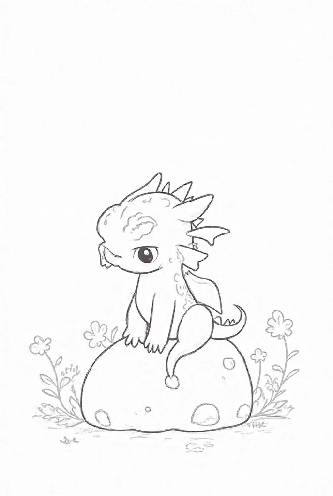 black and white illustrations to color:
A small dragon with a big, curious eyes sit on a rock. His wings are slightly open, and his tail curls around the stone. Plants and small mushrooms grow around it.