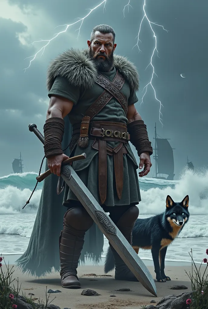 old Viking warrior with a big sword on the "FOEX" engraved, On the beach in front of a wild sea in which ships swim, The sky full of lightning. At his side a big dark fox with ice-blue eyes, In addition to the warrior, a red-haired queen on a black horse