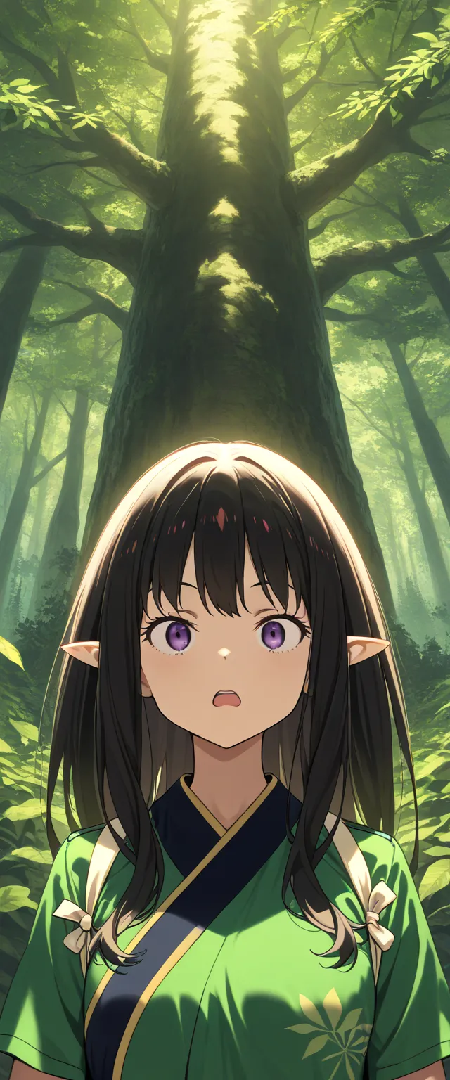 ( Masterpiece ), Background Forest, , Better quality, expressive eyes,  , Black hair, long hair,,   Inoue Takina, Lycoris Ricoil, purple eyes, , perfect face,1girl, One girl, solo, The chest is average,  calm face, Glare in the eyes, open mouth , blushes, ...