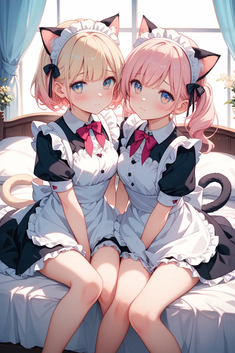 2 girls　Cat ear maid outfit　1 person is shy　cute girl with no left leg　on the bed