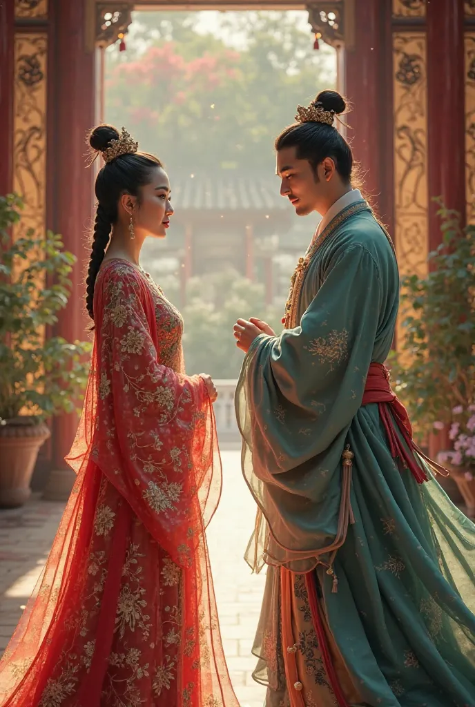 A woman wearing an ancient Chinese dress from the Han Dynasty looks at the nobleman who bows his head to