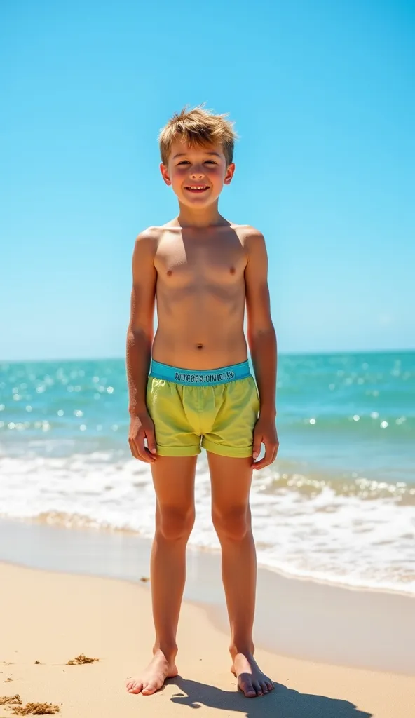 twelve yo boy on the beach just in his boxers standing full height