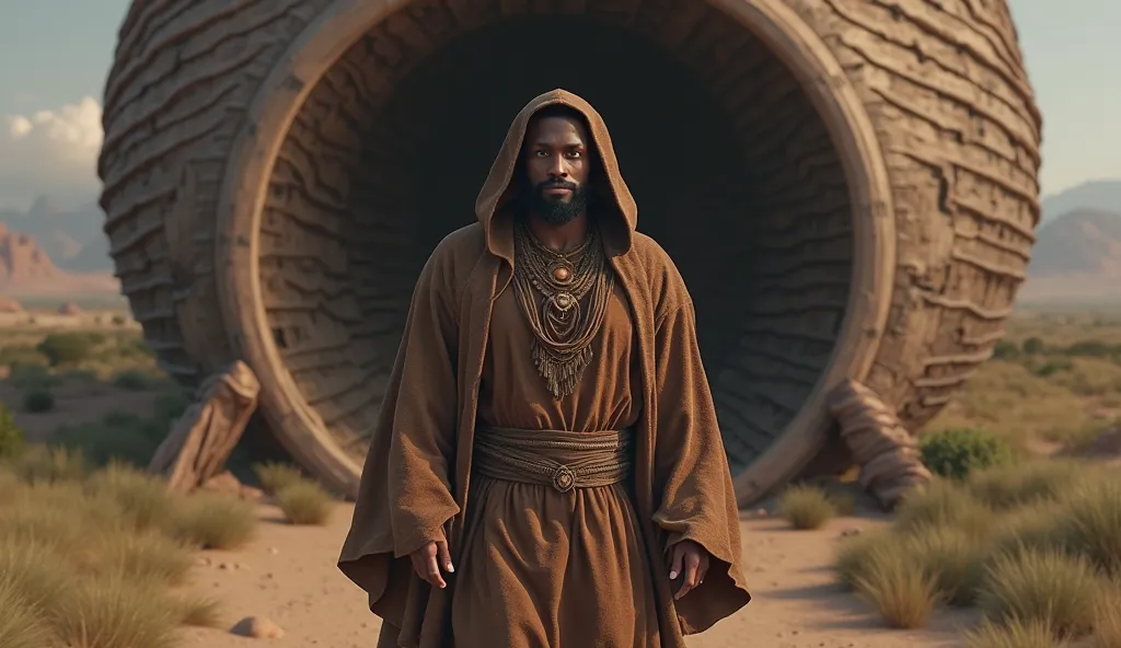 A black african man wearing hooded brown robes coming out of Noah's giagntic ark, 3d realistic, highly detailed, 5000 BC