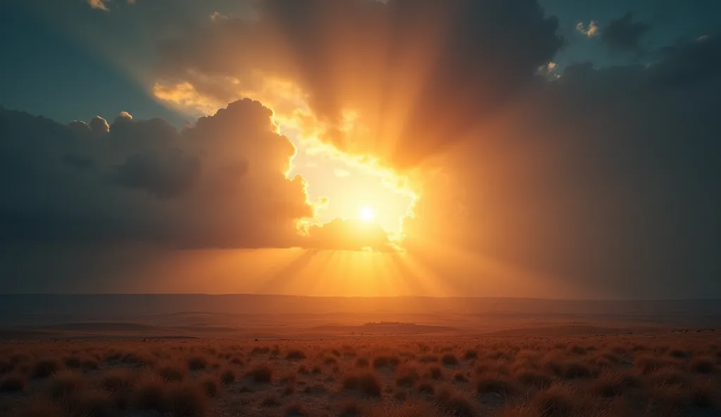 Cinematic sunset over a vast Canaanite expanse. A radiant Almighty God rises above the stormy clouds and issues a divine order. The shadows balance under, The thunder rumbles, the blue-gray light beats and echoes an epic order.