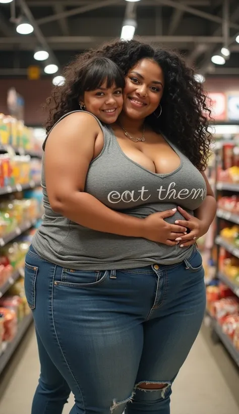 In a supermarket, a big candid massive hips voluptuous plus-sized 30-year-old white spaniard mom, dressed in a grey low-cut tank top with the text EAT THEM and jeans, grabs her son betwen her arms