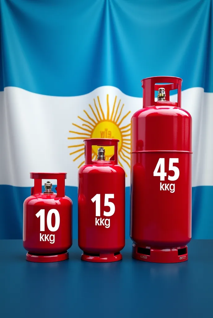 Advertising banner with an Argentinian flag in the background and gas weighing 10, 15 and 45 kilos with the name of the company Distribuidora de Gas MI ARGENTINA 