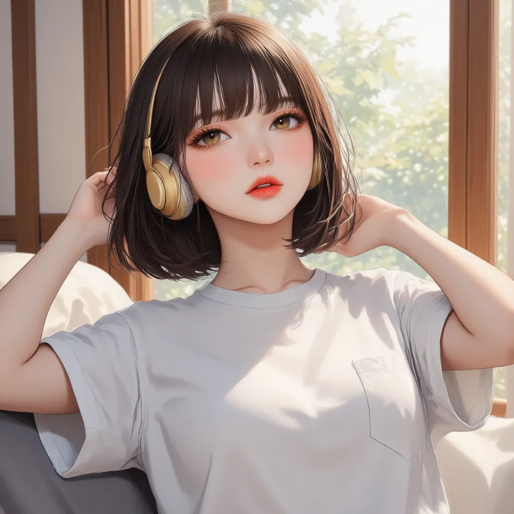 A cozy anime-style illustration of a young woman with short black hair, lying on her bed with a peaceful expression. She wears a white floral t-shirt and golden wireless over-ear headphones, immersed in soft music. Warm sunlight streams through a wooden-fr...