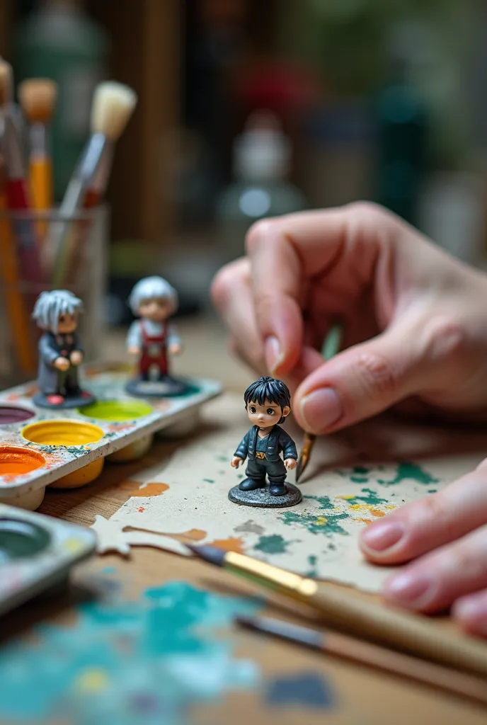 "A close-up of an artist’s workspace featuring tiny figurines being meticulously painted by hand. The table is covered with brushes, a paint palette, and miniature tools. Some figurines are fully painted, standing in vibrant colors, while others are still ...