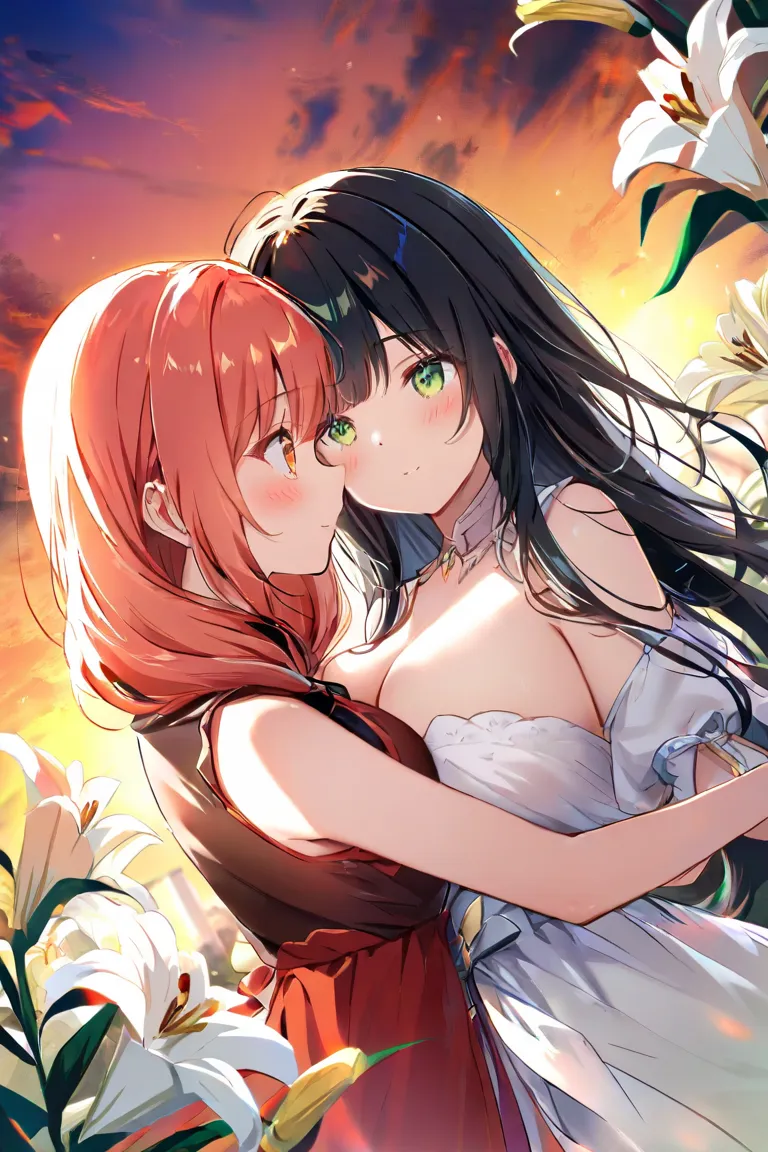  and stare at each other、Blushing、（Dumpling hair wrapped up to the shoulders、orange-pink hair、Big Breasts、orange eyes、fine）、（ black hair、 green eyes、 small tits、long hair、Rin々like）、lily、 sunset sky、 hold hands、dutch angle、 hug each other、delicate、Mysteriou...