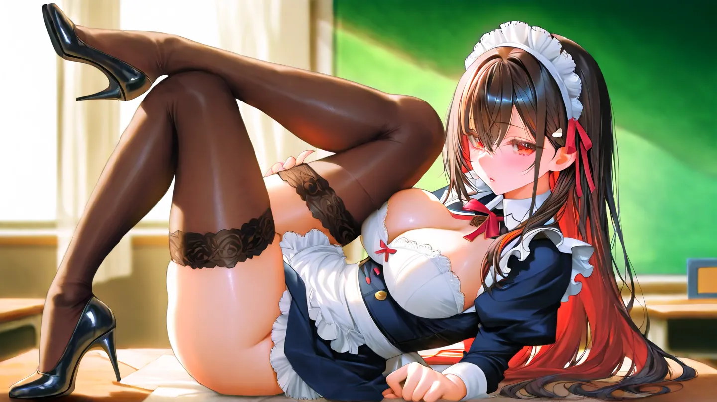 nsfw, black stocking, high hells, kurumi tokisaki (date a live), lewd, classroom, maid uniform, 8K, masterpiece, ultra-detailed, feet, spreading legs