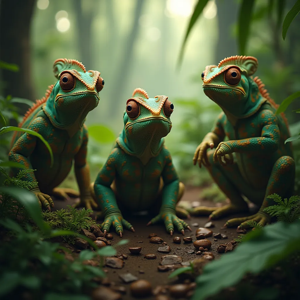 In the jungle, there are three chameleons wearing camo clothes. Photorealistic and photographic.