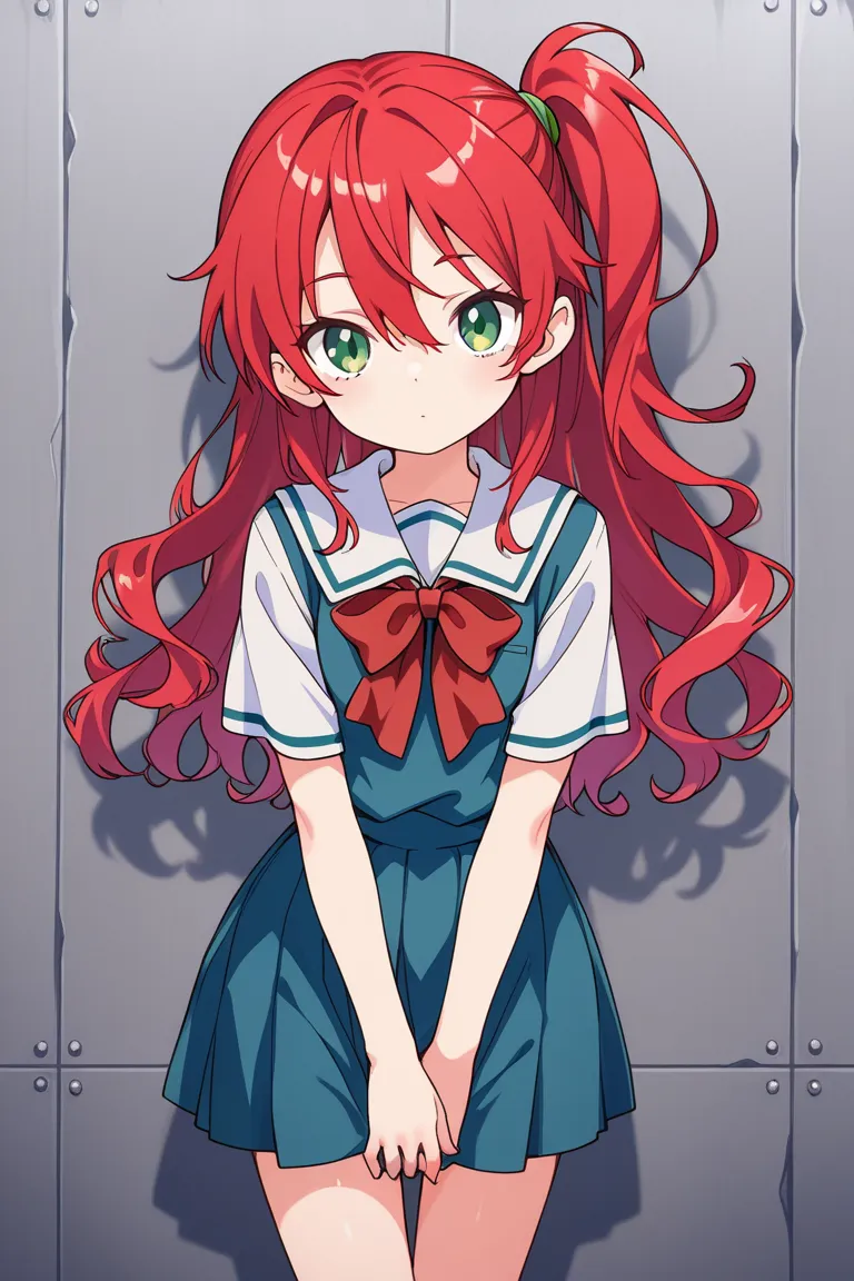 masterpiece, highest quality, one anime-style loli, petite, standard, fair skin, red hair, long hair, wave hair, left side ponytail ,BREAK bangs between eyes, green eyes, double eyelid, (((つり目))), square face, BREAK school uniform, from front, standing, li...