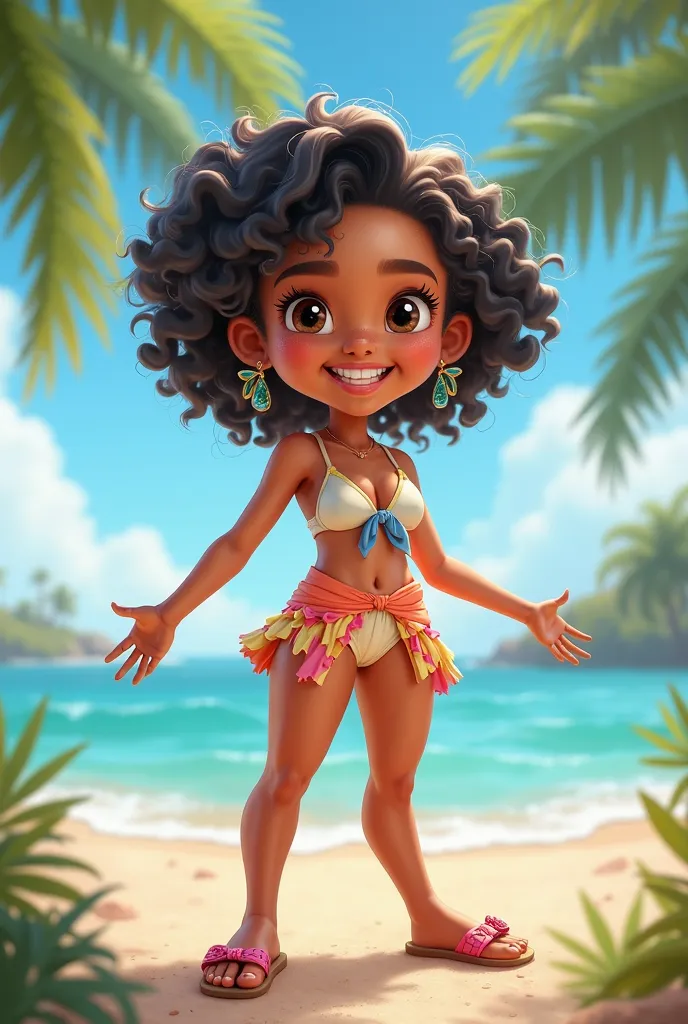 I would like a mascot,smiling,playful,she is a ,your skin color is brown,Do you have black hair ,short and curly,the little round eyes ,I want her in beach clothes ,She is 