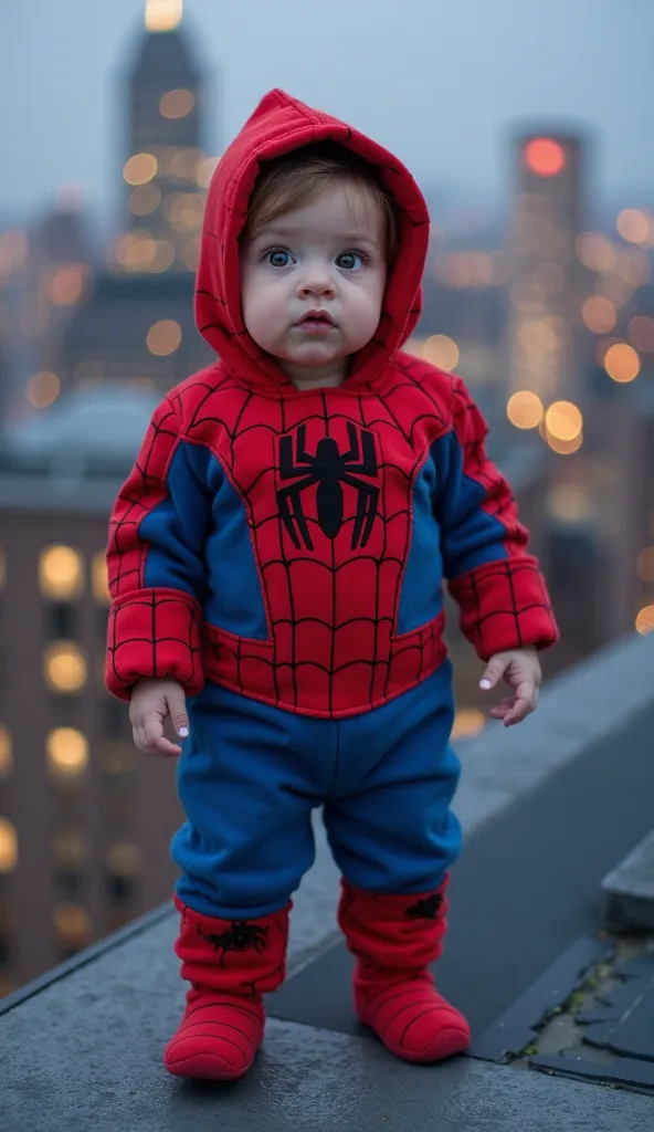 Generate an image of a baby dressed as Spider-Man, wearing a red and blue jumpsuit with black details imitating the web, and a small hood that covers part of his head, leaving his cute face visible. He is standing on a stylized roof, with the city lit up i...