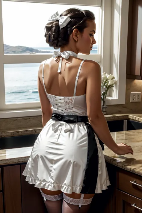 (Lifting skirt: 1.2) (showing butt: 1.2) Woman in a kitchen. She is wearing a white dress with a high neckline and a bow at the back. The dress is cinched at the waist with a white ribbon tied around it. The woman is also wearing ((shiny black stockings)) ...