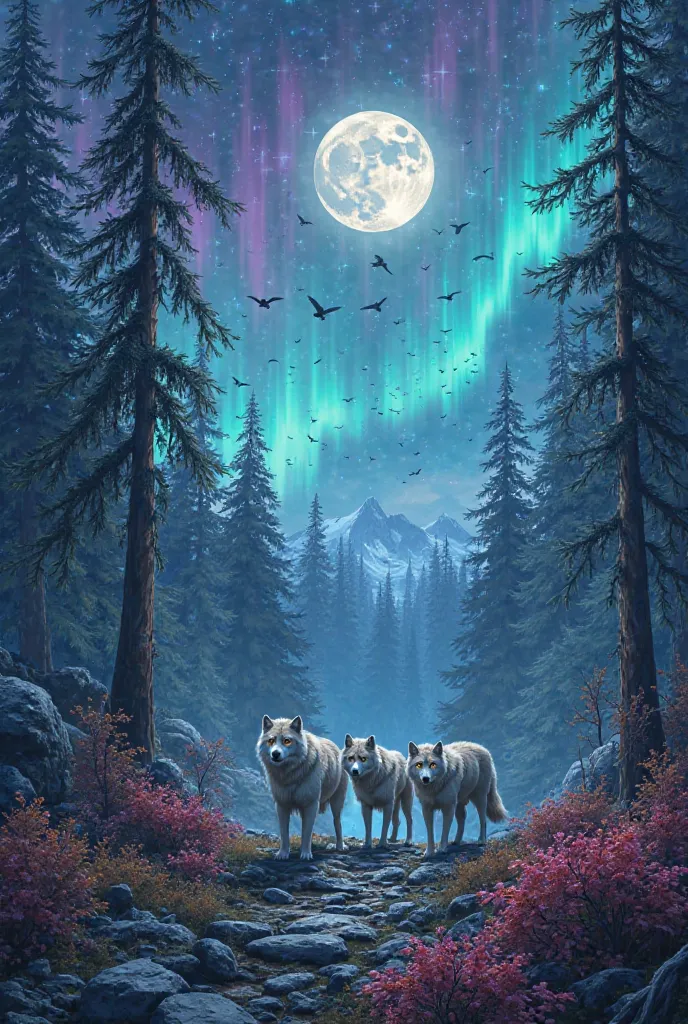 Create a vibrant colorful image with wolves, a moon, trees, stars, northern lights, a compass and birds