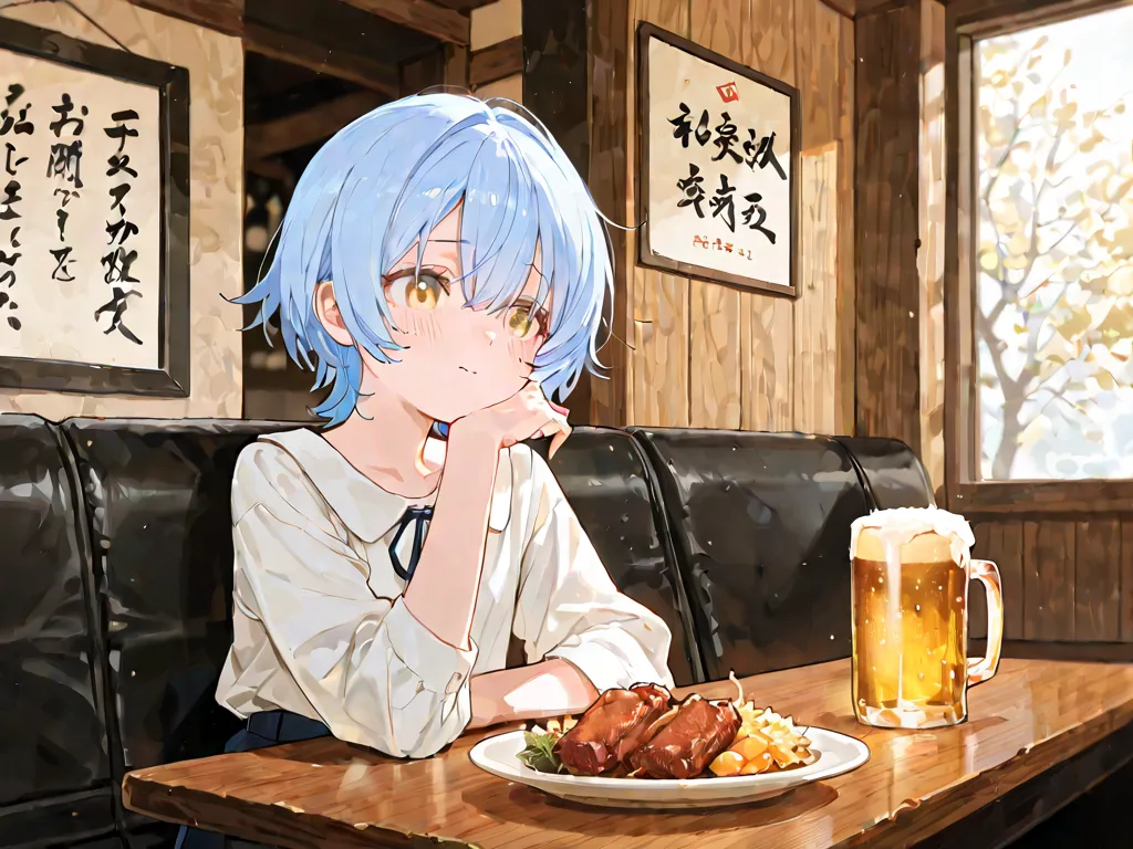 Two young women are sitting opposite each other at a table in an izakaya.
One of the young women has medium-long indigo hair and eyes,
wears stylish office casual clothing, and looks at the woman sitting opposite with a nervous expression.
The other young ...