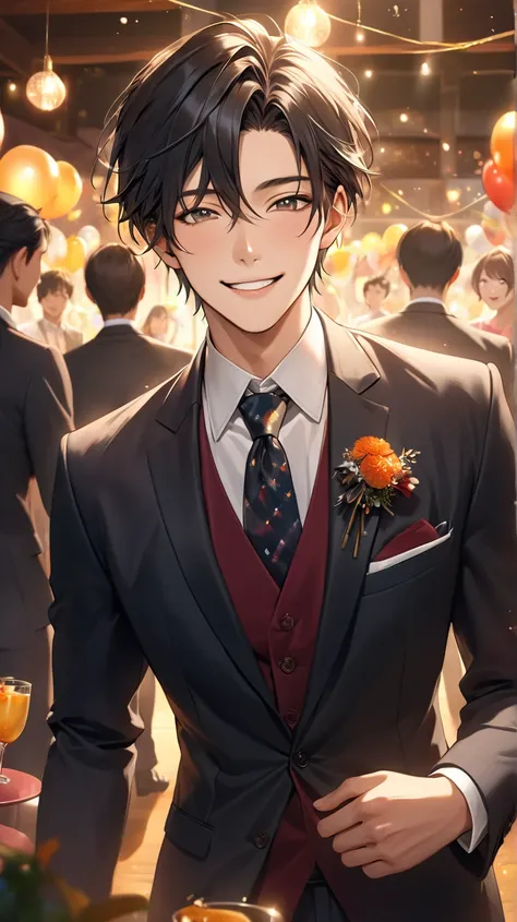 ((photorealism:1.2), very Handsome japanese man, 22-27 year-old, happy, in the party, he is wearing formal suit, look at camera 