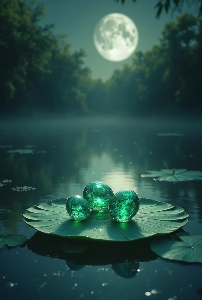 Three Colombian Emerald gemstones are on top of a lotus flower petal, be in a quiet river, there is a very beautiful full moon light shadow