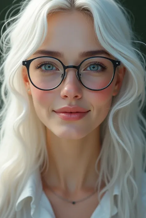 Women with long, mid-back white hair, with big eyes on glasses, or may have cute gestures like smiling