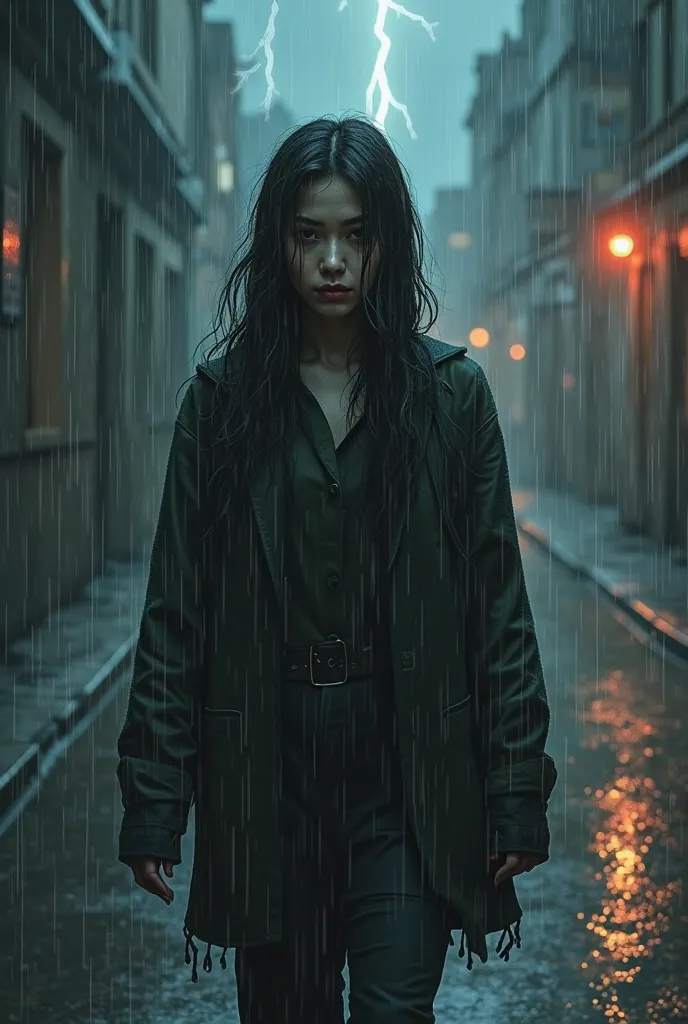 "A lonely woman walks in the rain on a deserted street.  His gaze is lost , reflecting deep sadness.  Lightning cuts through the sky , momentarily illuminating her rain-soaked face."