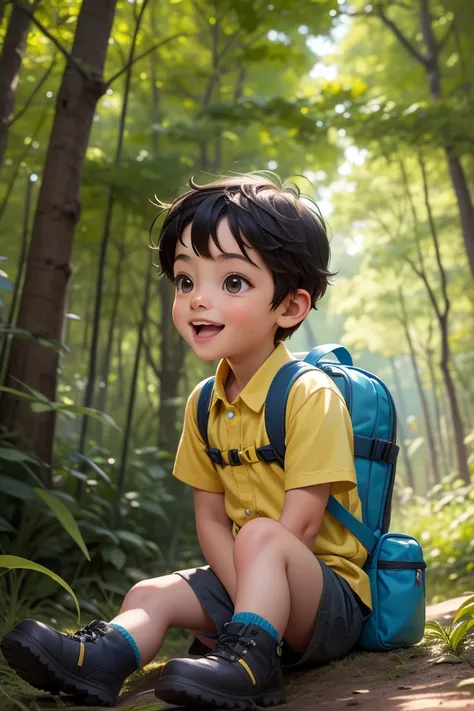 The Journey of the Little Explorers: a happy boy sitting on the floor, In the forest, with a small blue backpack on the back, yellow blouse, black shorts, blue hiking boot