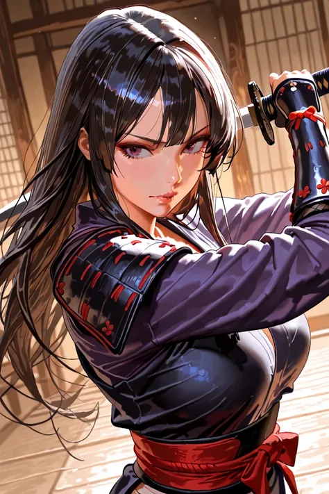 masterpiece, top quality,  beautiful woman ,  character focus , One person, upper body, long hair, samurai, Ninja,  Japanese Armor ,,In a pose holding a sword, Dynamic Angle, focus on your face,  Moonlit Night, Ancient Kyoto