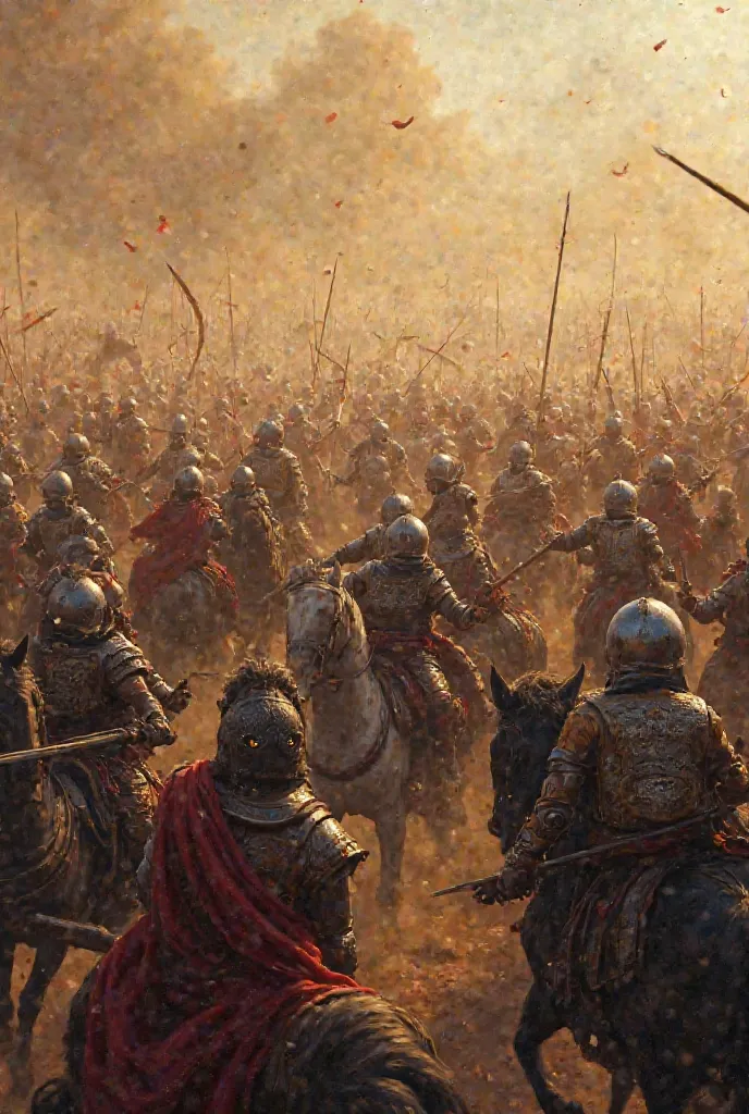 A massive battlefield with North Indian and South Indian warriors fighting fiercely. They wear traditional warrior armor—North Indians in Rajput/Mughal-style attire and South Indians in Chola/Pandya-style armor. They clash with swords, shields, and spears....