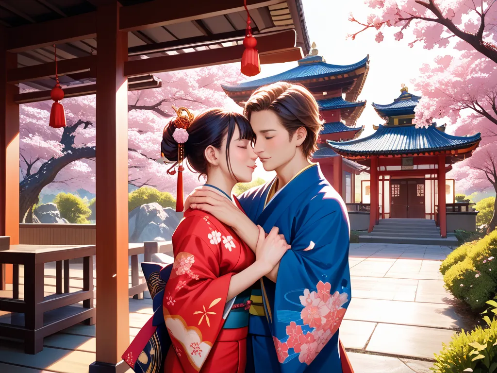 Men and women in kimono、Generate a full-body illustration of a man hugging a woman from behind