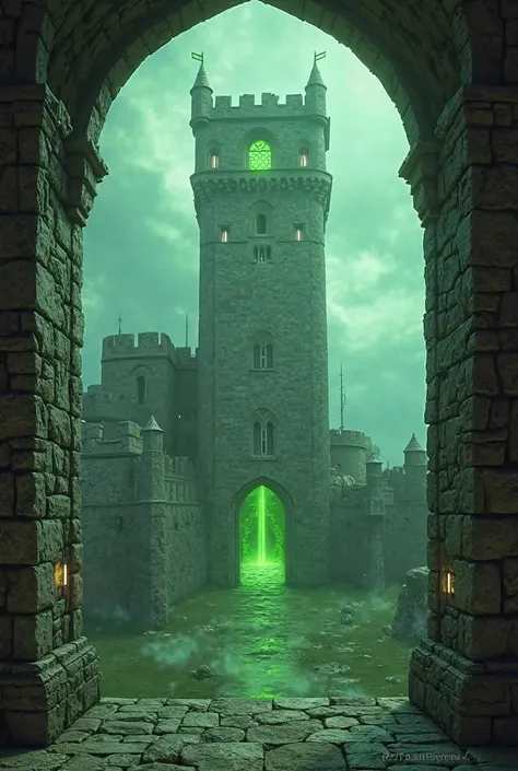 The tower of a medieval castle from the window of which green light flows