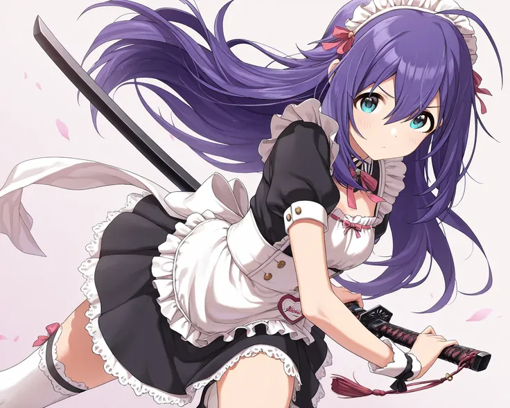 1girl, solo, 
anna mochizuki (idolmaster), anna mochizuki (millionlive),
mochizuki anna,
(((maid uniform, japanese sword))), 
(masterpiece, Highest quality, Very detailed)), One girl,
cute, kawaii, high resolution, masterpiece, dynamic angle, dynamic pose,