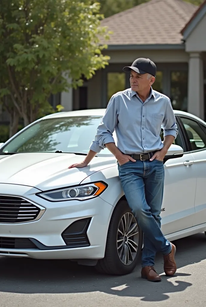 White Ford fusion car with white man in black cap leaning against the car