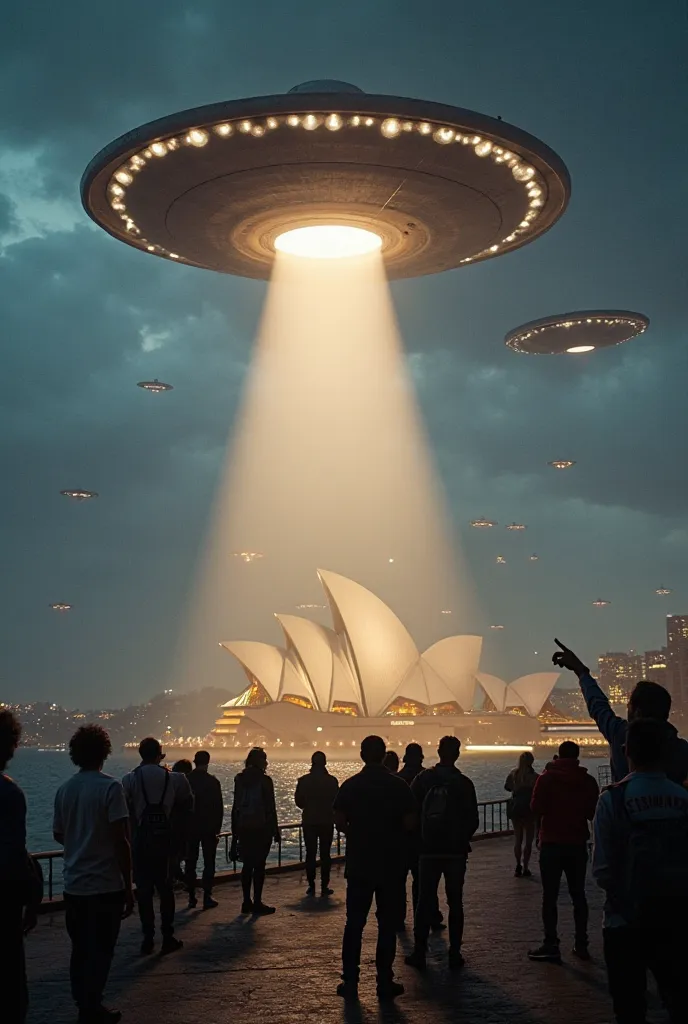 3 UFOs landing at the Sydney Opera house in Australia. The one in the middle is the largest and is shooting a beam of bright light onto the ground in front of the Opera house while the other two hover close by. The crowd stands around and points in amazeme...