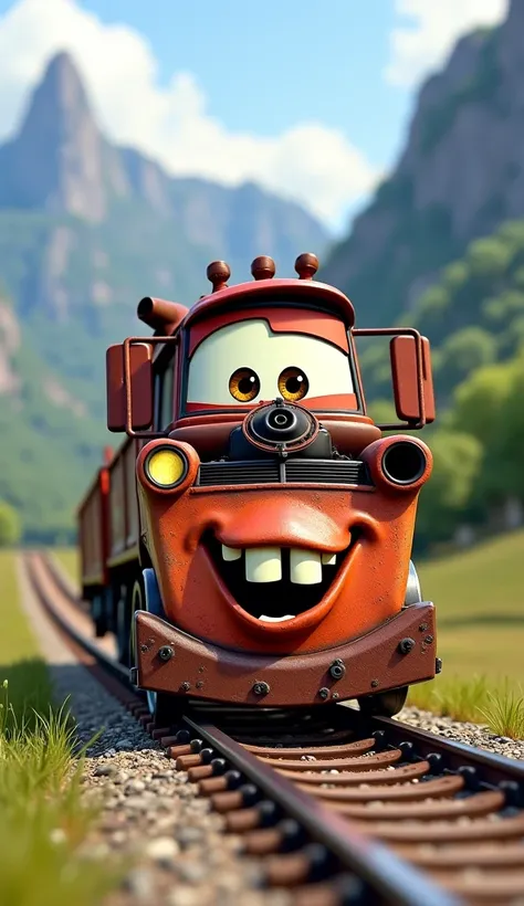 Tow Mater from Cars movie as a Train, ultra realistic in details, Pixar and Disney