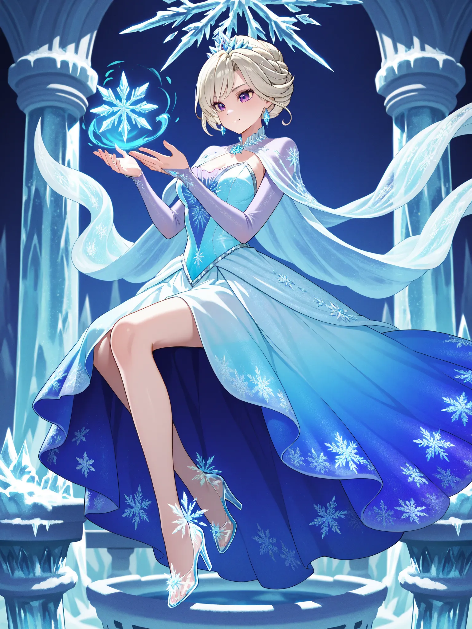 Character: Elsa (Frozen)
Platinum blonde hair in braided updo, ice-blue gradient dress with snowflake embroidery. Swirling frost magic emanating from hands, translucent ice heels leaving frost patterns. Ice castle balcony backdrop, diamond-shaped crystals ...