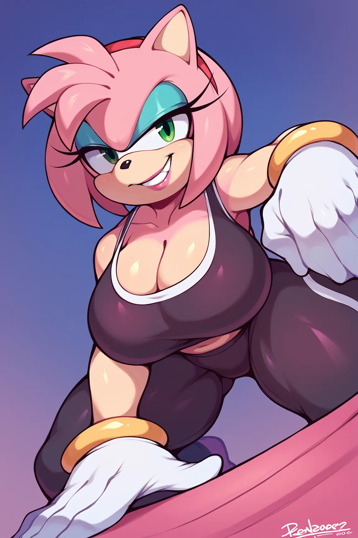 score_9, score_8_up, score_7_up,score_6_up,score_5_up, source_furry,riders amy rose, 1girl, solo, huge breasts, green eyes, blue eyeshadow, pink lipstick, collarbone, furry female, looking at viewer, sexual grin, white gloves, midriff, yoga pants, sports b...