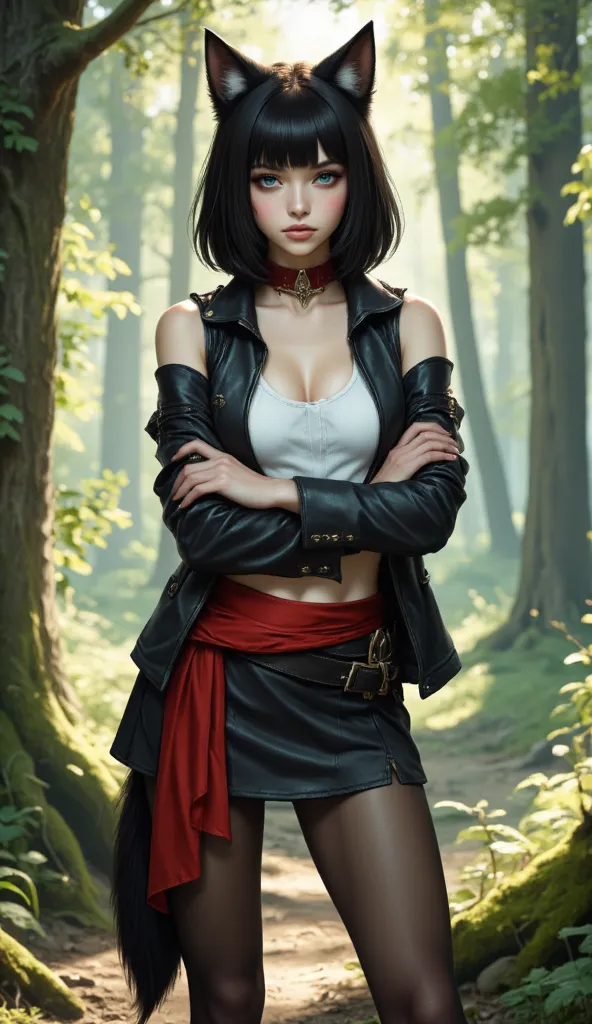 A realistic petite wolfkin  girl with shoulder-length straight dark hair, flowing freely, and bright blue eyes featuring vertical, cat-like pupils.  
She possesses, fluffy wolf ears and a long, wolf tail. Her skin is pale. She wearing fantasy style leather...