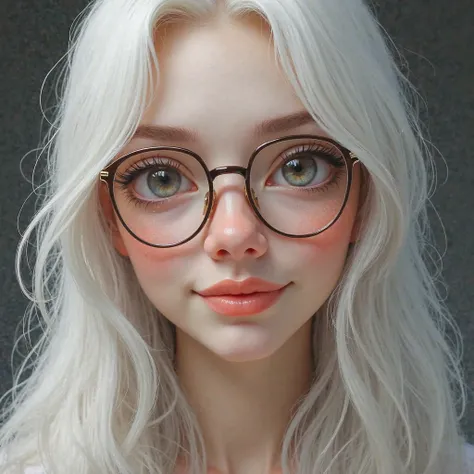 Women with long, mid-back white hair, with big eyes on glasses, or may have cute gestures like smiling