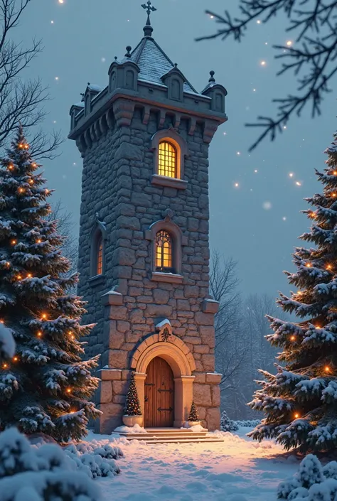 One medieval tower with warm orange light flowing from its window, there are two Christmas trees on the sides of the tower, 