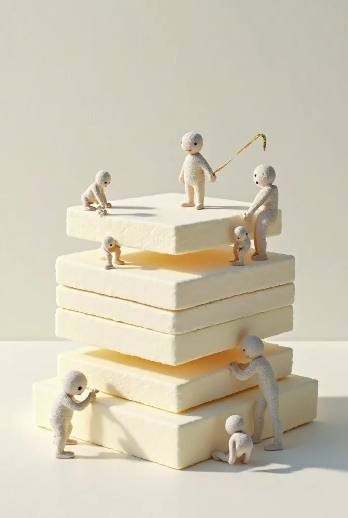 A picture of tiny figures arranging the layers of bed foam on top of each other, while others use a small measuring tape to adjust the dimensions 