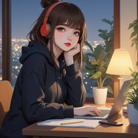 A cozy anime-style illustration of a young girl with brown hair tied in a messy bun, wearing a black hoodie and large over-ear headphones, sitting at a desk with a laptop. She is gently resting her chin on one hand while working on the laptop, with a soft ...