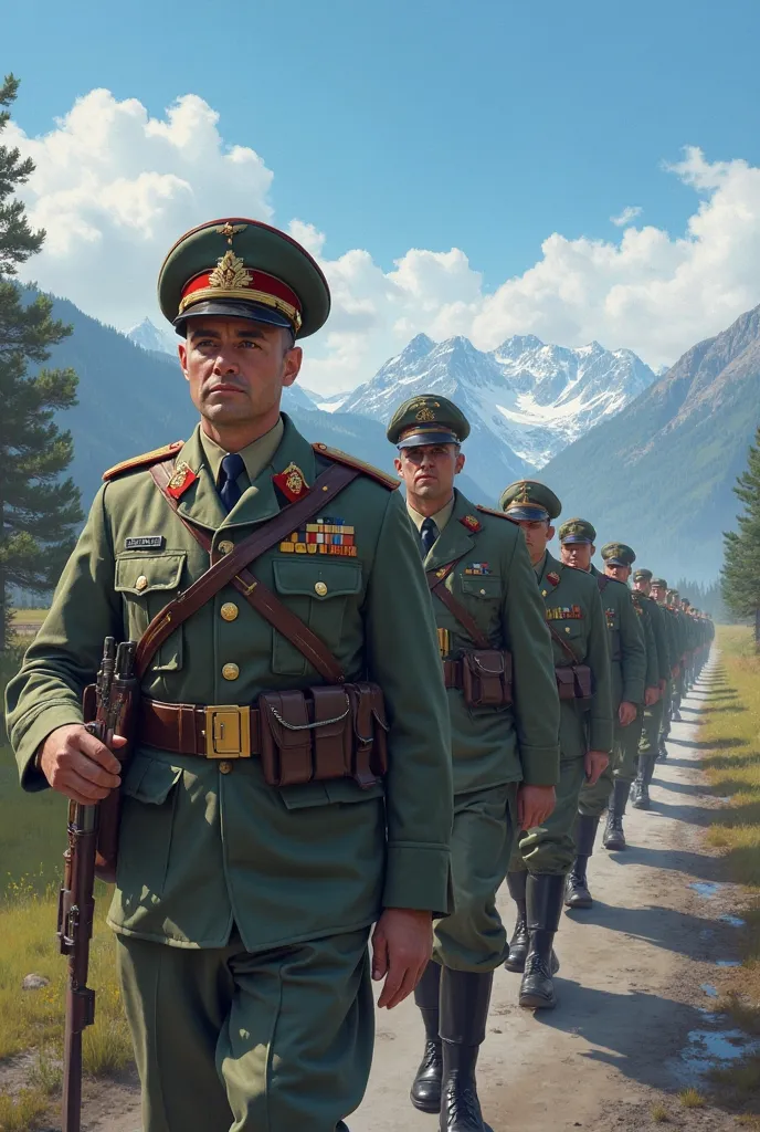 Créer une image réaliste d'un groupe de militaires nord-coréens en uniforme, marchant en formation sur une route. Le paysage environnant doit inclure des montagnes lointaines et des arbres, avec un ciel bleu clair. Les soldats doivent avoir des expressions...