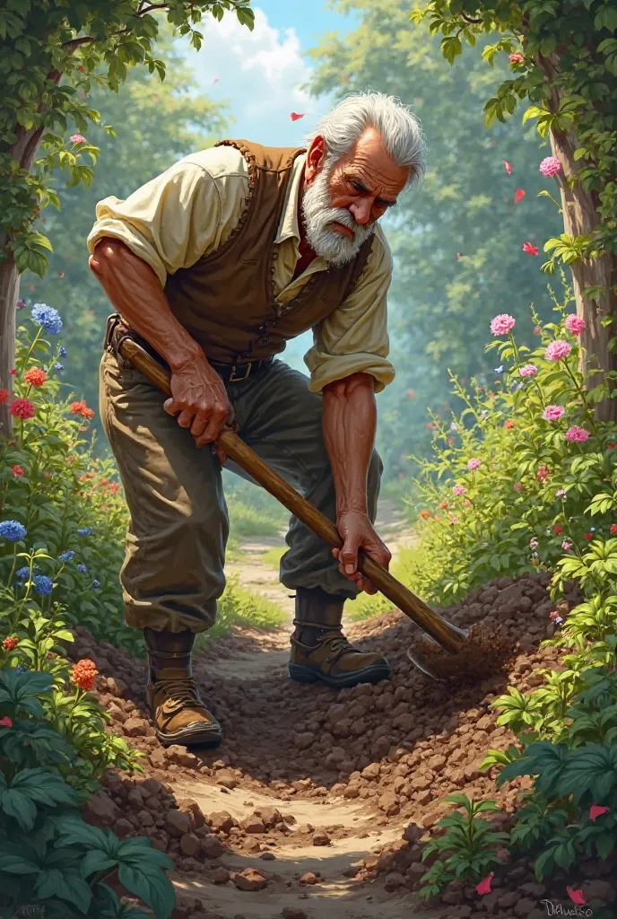 Valter Mazza digging pits in a garden