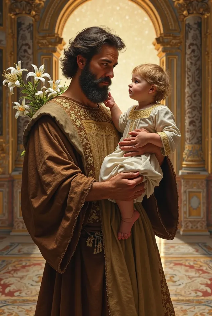 A full-body Baroque-style religious painting of Saint Joseph holding baby Jesus in his arms. Saint Joseph is a middle-aged man with a brown beard and dark hair, wearing a richly decorated light brown tunic with golden embroidery and a beige apron. He holds...