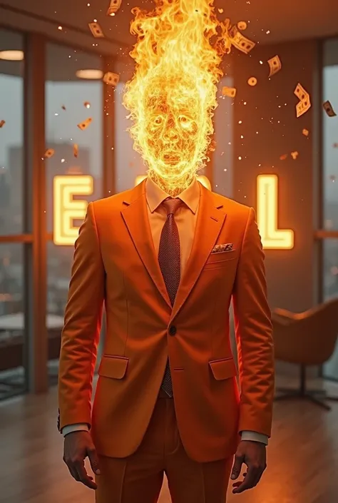 Stylish, cinematic image of a man in a modern office. He is dressed in a bright orange suit, which creates the effect of luxury and confidence. His head consists entirely of burning fire — without any visible facial contours, eyes or other features. Only p...