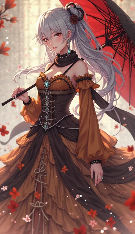 Femme cheveux argenté pointe blanche, habillé d'une grande a corolle marron chocolat et orange avec rubans, foulard au cou couleur noir, bijoux losange air souriant, avec une ombrelle rouge et noir ouverte sur son épaule, style anime dessin (Avoid and deli...