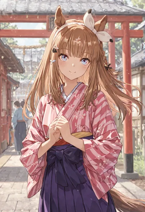 {{{masterpiece}}}, {{{best quality}}}, {{ultra-detailed}}, {illustration}, {{an extremely delicate and beautiful}},{{{Almond Eye}}},{{{Uma Musume}}} {{{smile}}}, kimono,Hakama,{{{Japanese towns in the Meiji era}}}