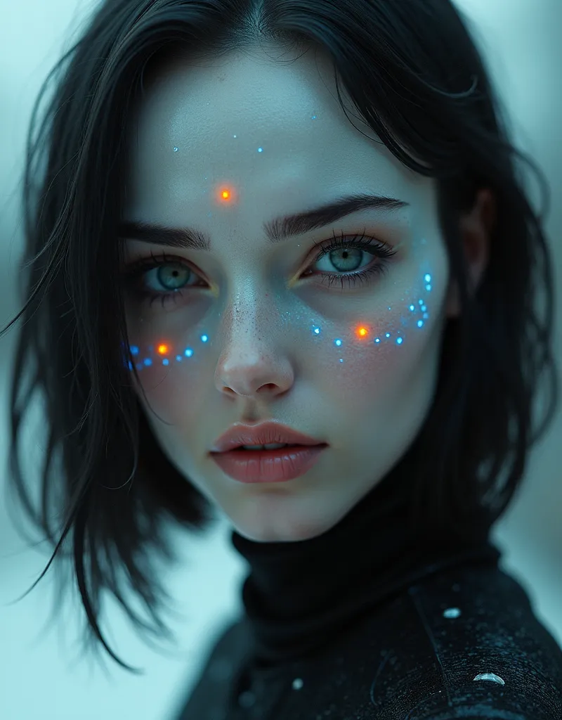 A high-resolution close-up photo of a striking woman with a cybernetic arm. Her face has a pale, metallic sheen, with glowing blue dots on her forehead and cheeks, adding an otherworldly touch. Her almond-shaped eyes gleam with a mix of amusement and chall...